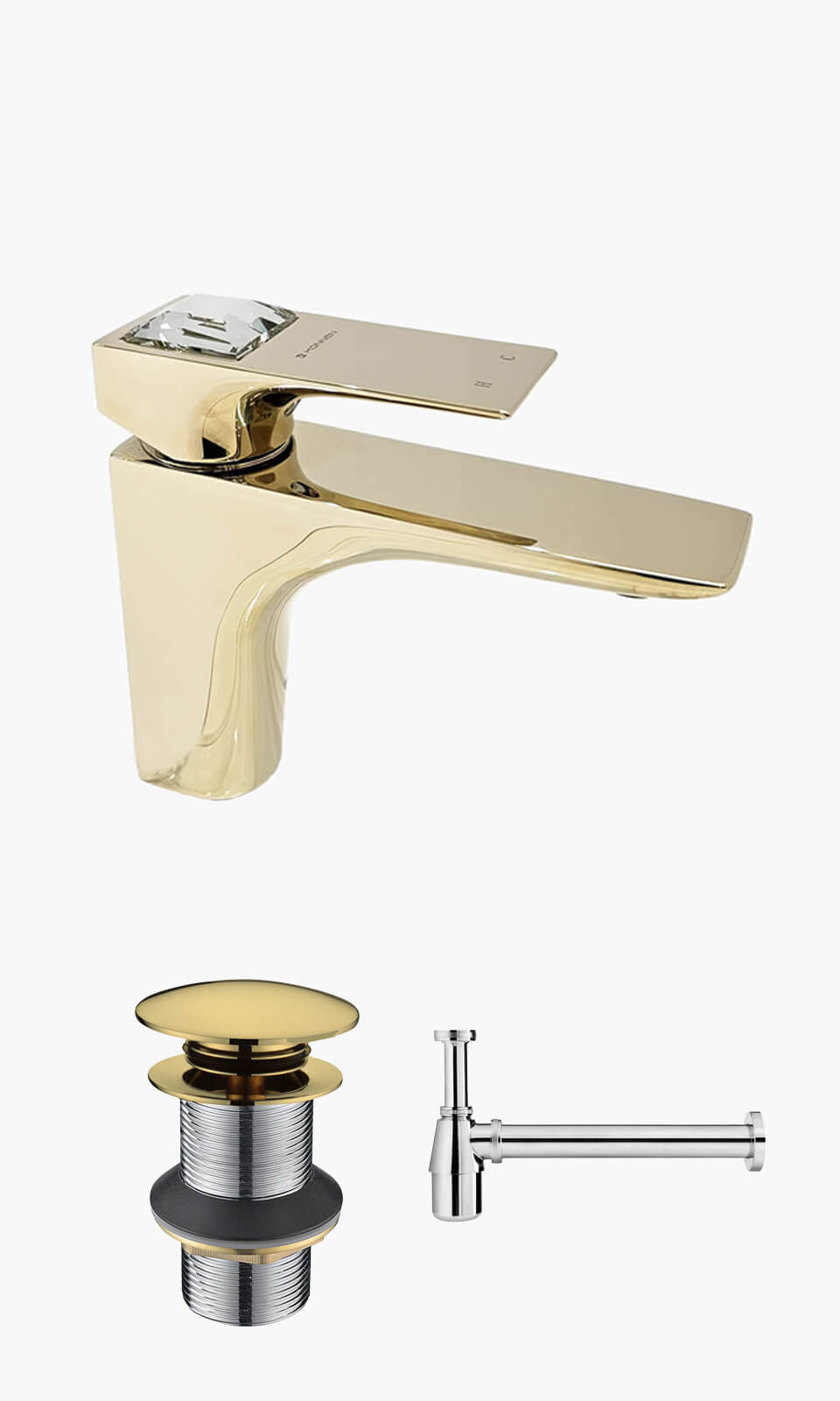 Kit Lavatório - Dourado - Torneira Bica Baixa Crystal com Válvula Click e Sifão Simples - CRYSTAL-D-B-VC-SS
