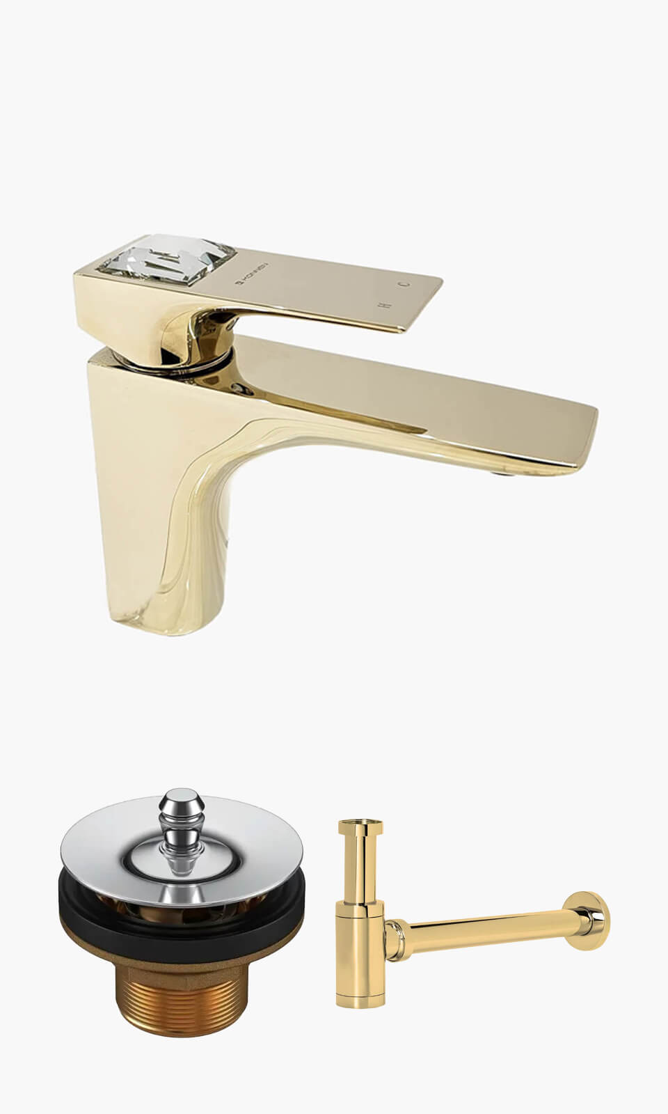 Kit Lavatório - Dourado - Torneira Bica Baixa Crystal com Válvula Universal e Sifão Aparente - CRYSTAL-D-B-VU-SF