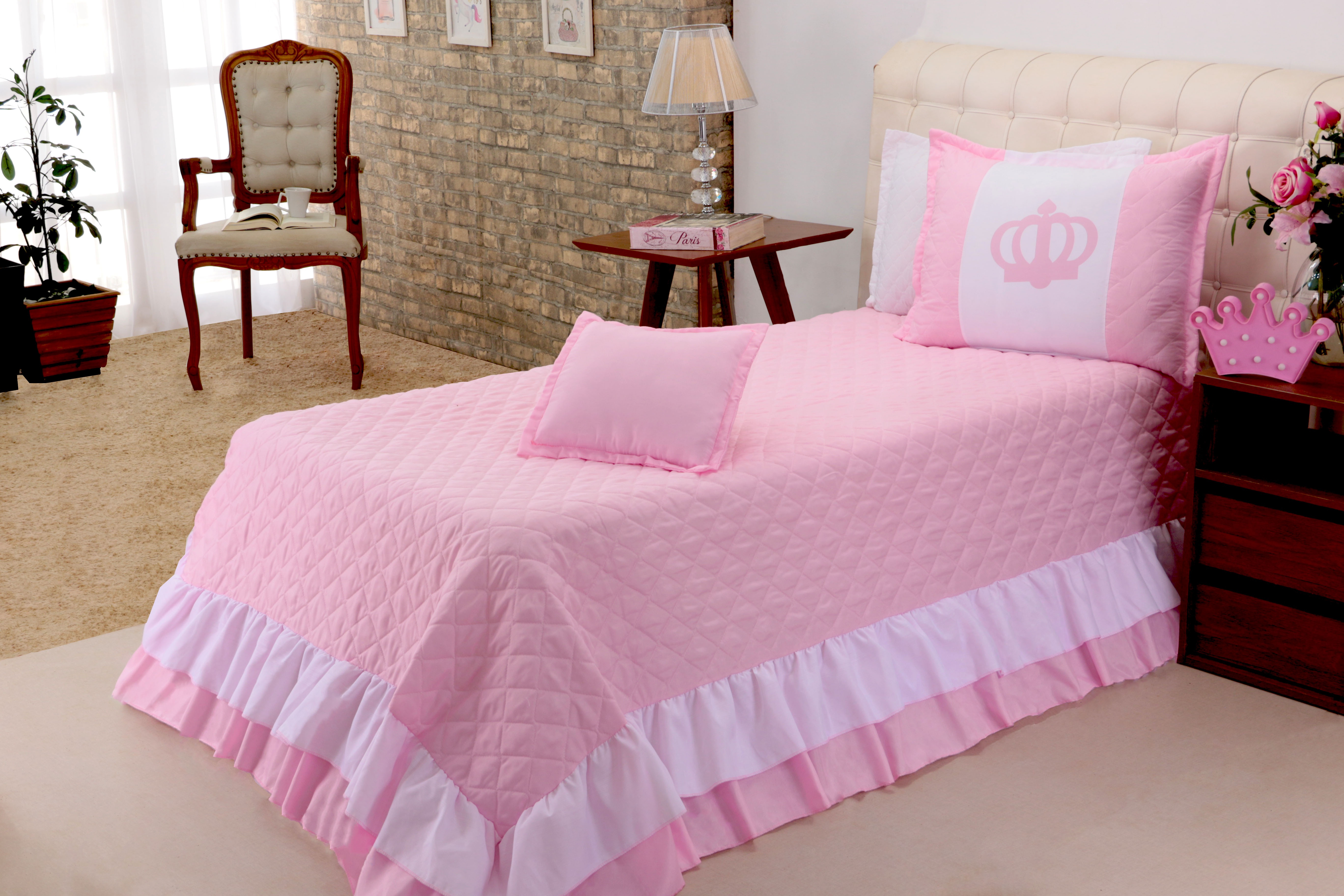 Colcha Solteiro Realeza Rosa 03 peças (3090)