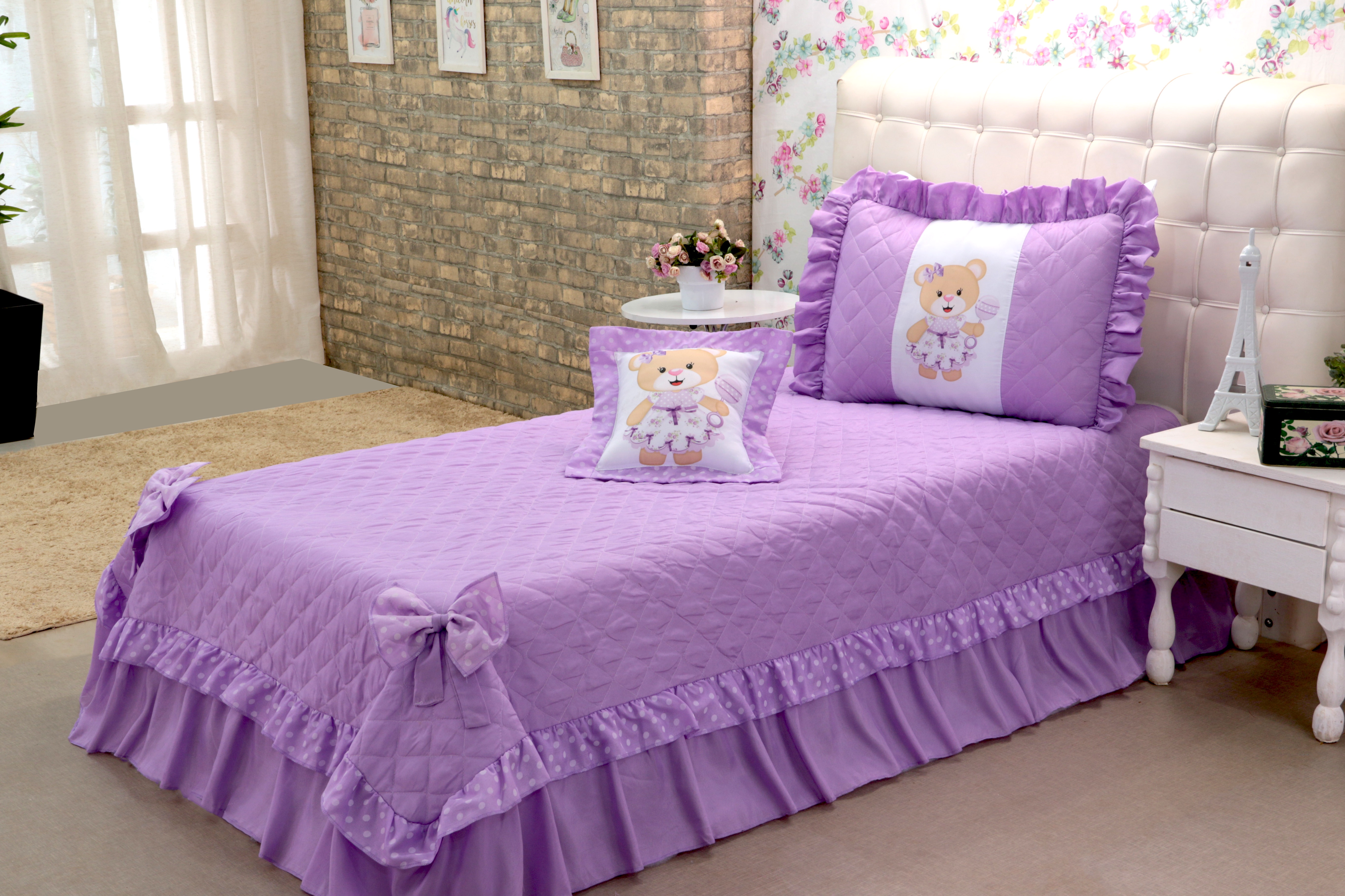 KIT COBRE LEITO URSINHA SOLTEIRO 3 PEÇAS LILAS (4542)