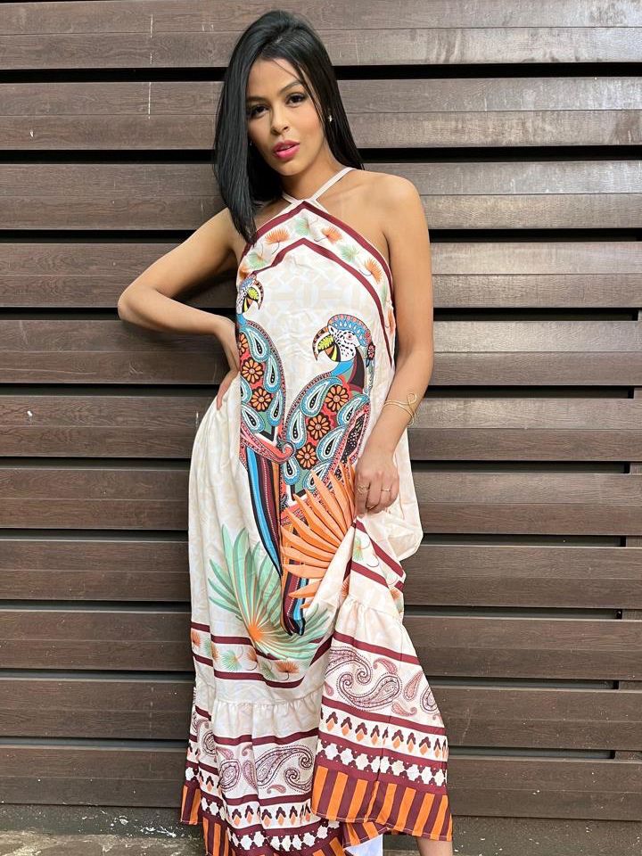 Vestido Longo em Crepe Estampado de Alça Beatriz Ref. 1632 (12345670018924236511)