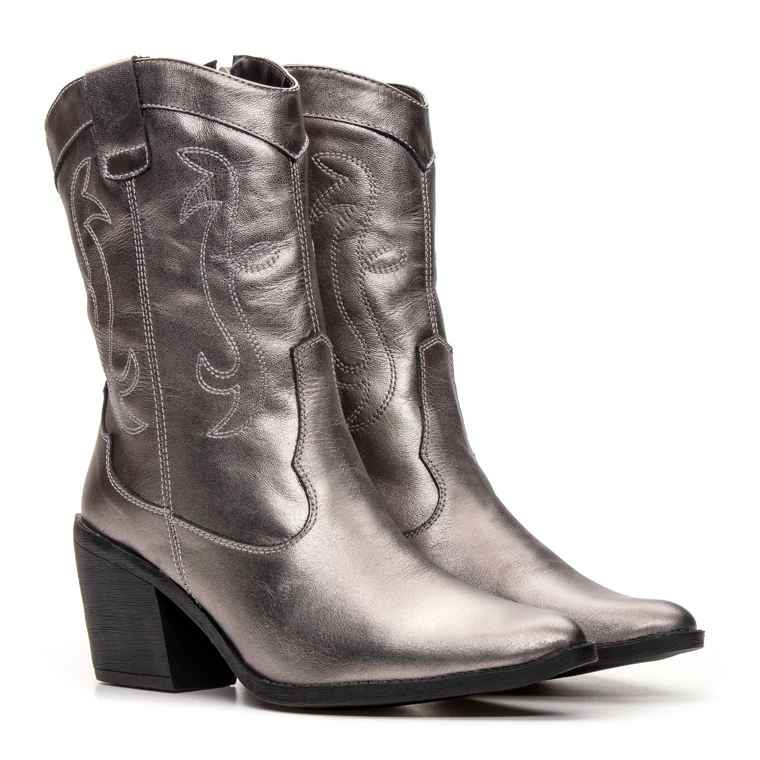 Botas Femininas Texanas Cano Médio Couro Prata (GIBBT4500-PRATA)