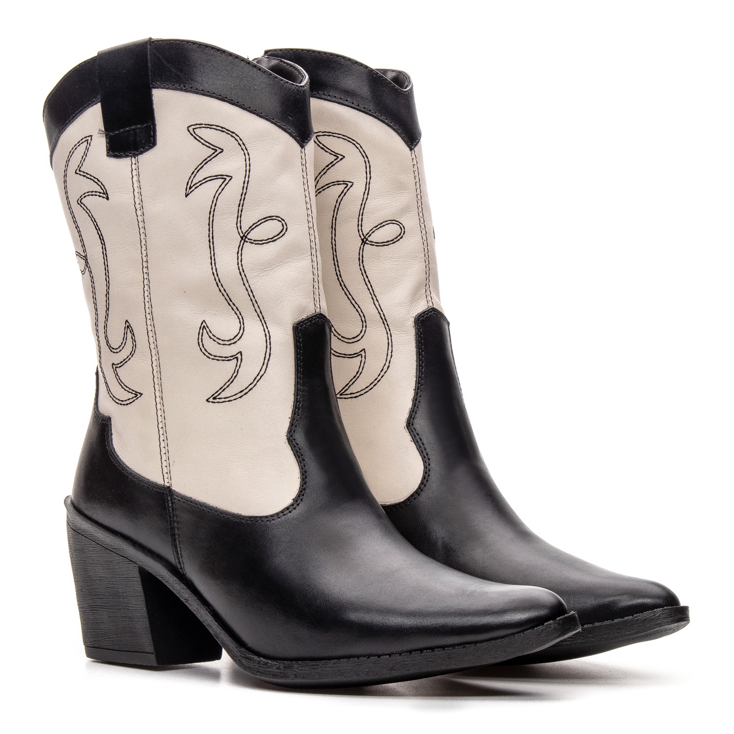 Botas Femininas Texanas Cano Médio Couro Preto e Off White (GIBBT4500-PT-OFF)