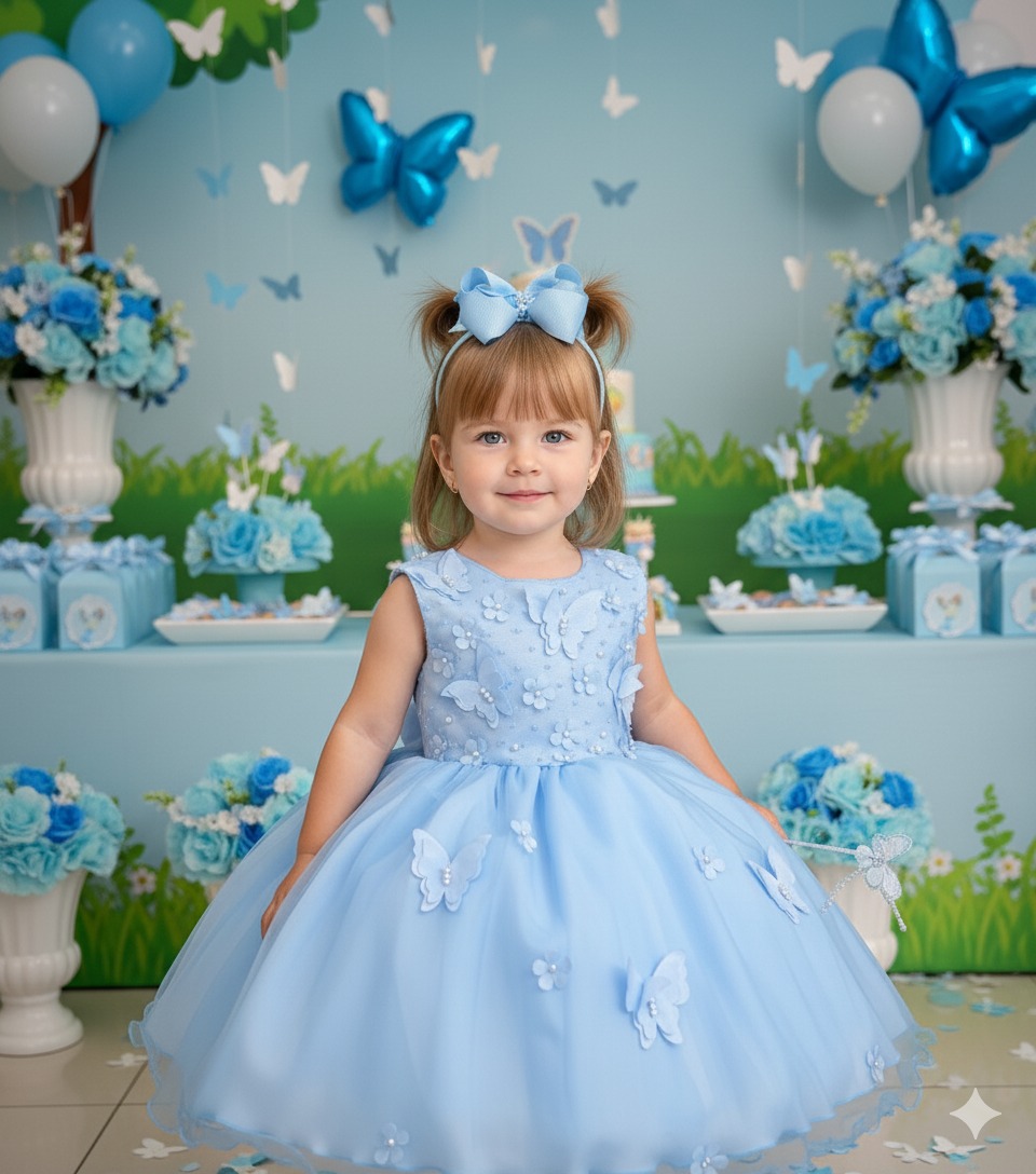 Vestido Marie Jardim das Borboletas Azul Bebe Viviane Modelo 2 (VESTMREJRDNDSBBLTSAZLVVAN)