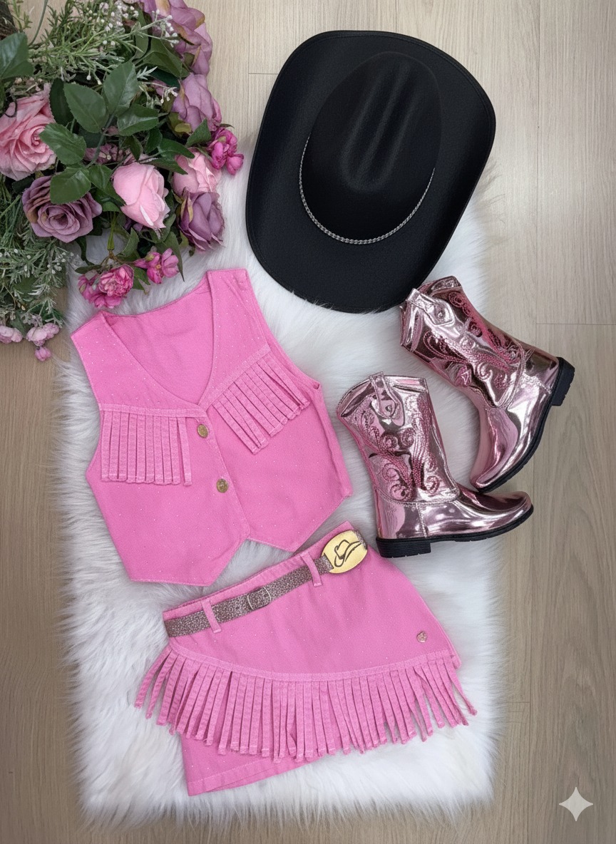 Kit Conjunto Blogueirinha Boiadeira Jeans Rosa + Chapéu (KTCJNTBGMRIJNSCH)