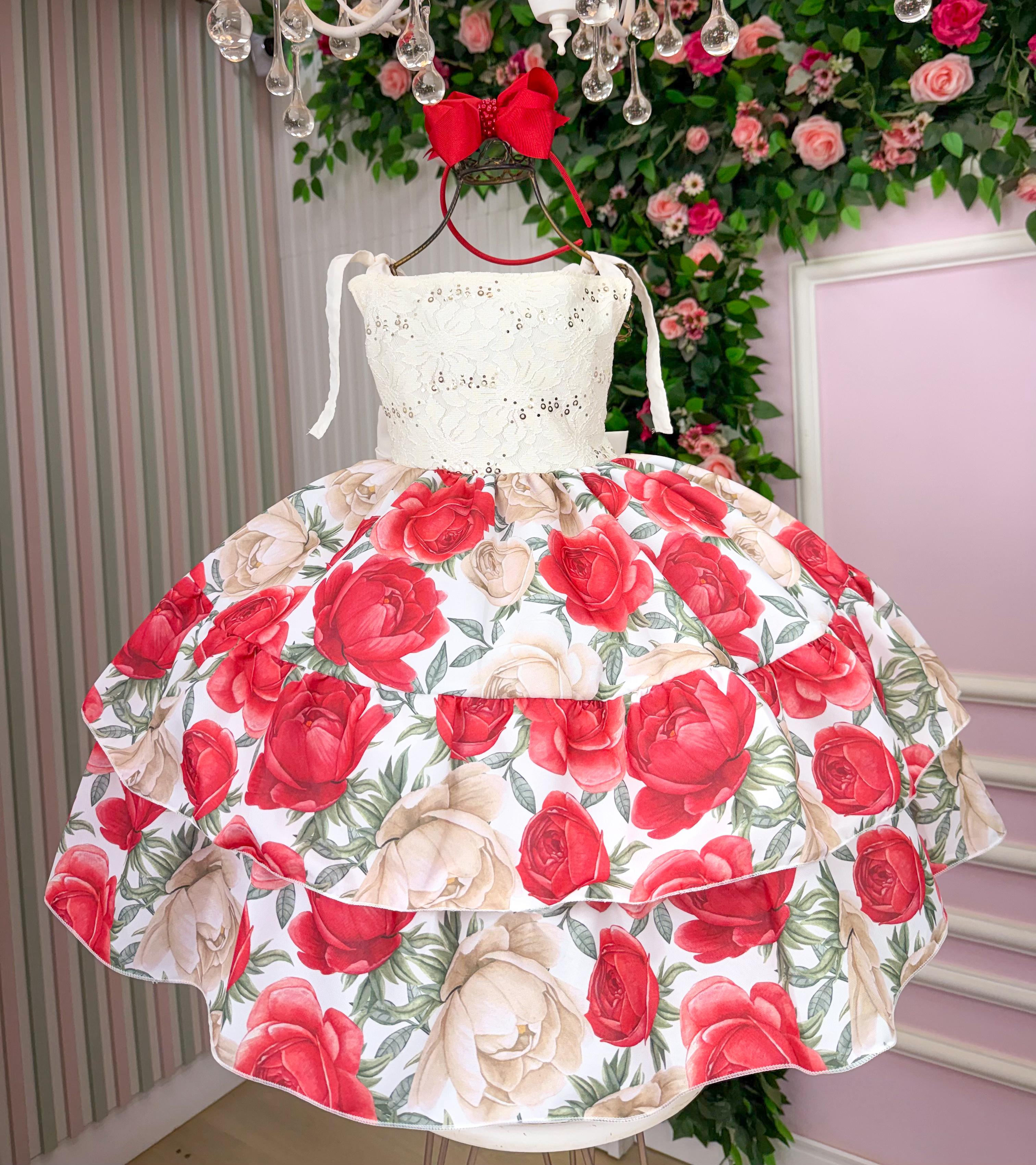 Vestido Giovanella Karine Off Florido Vermelho (VETGVNKRNOFVRML)