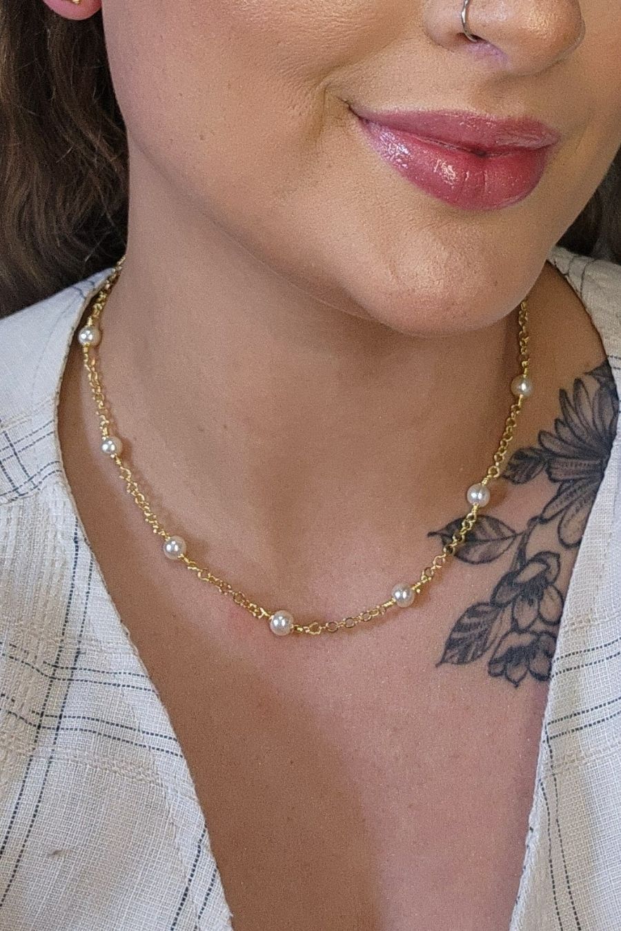 Colar Corrente Americana com Pérolas Banhado em Ouro 18k (3648.18500 18659)