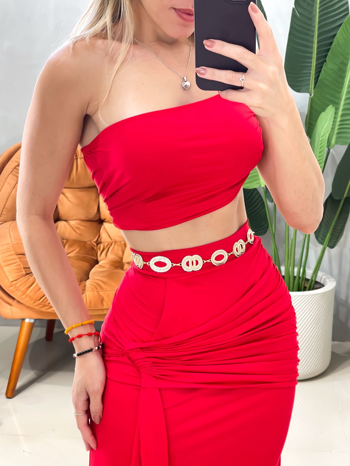 Conjunto em Poliamida Cropped Alça Única Franzido e Saia Longa Transpassada Leonora Ref. 1855 (12345670018924256380)