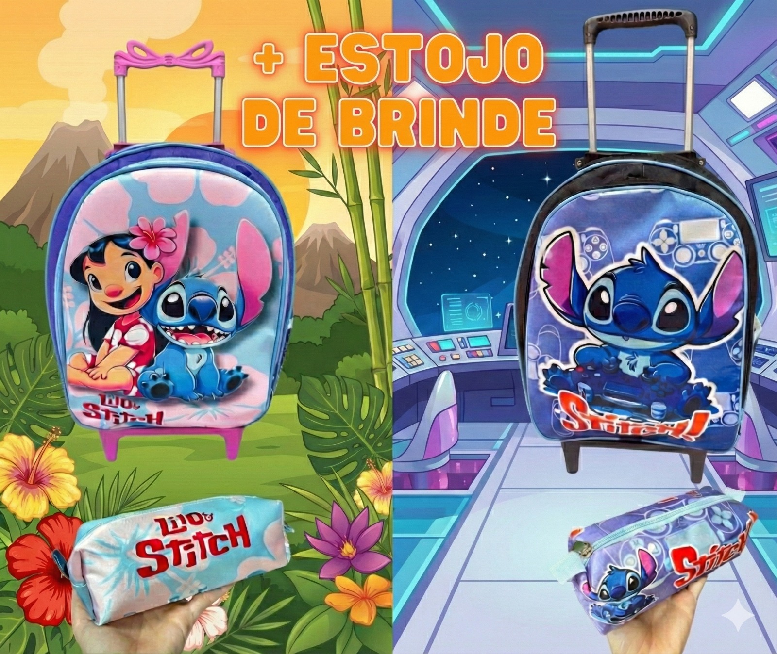 Mochila Rodinhas Stitch + Estojo de Brinde (MCSTT2)