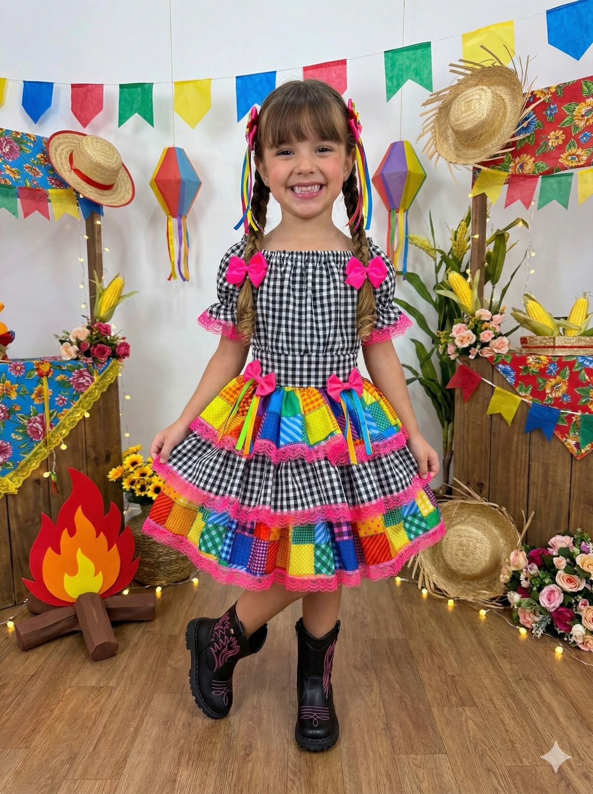 Vestido Junino Banana Club Luxo Quermesse do Sertão Preto (VESTJNUBNANCLLXQRMSDOST)