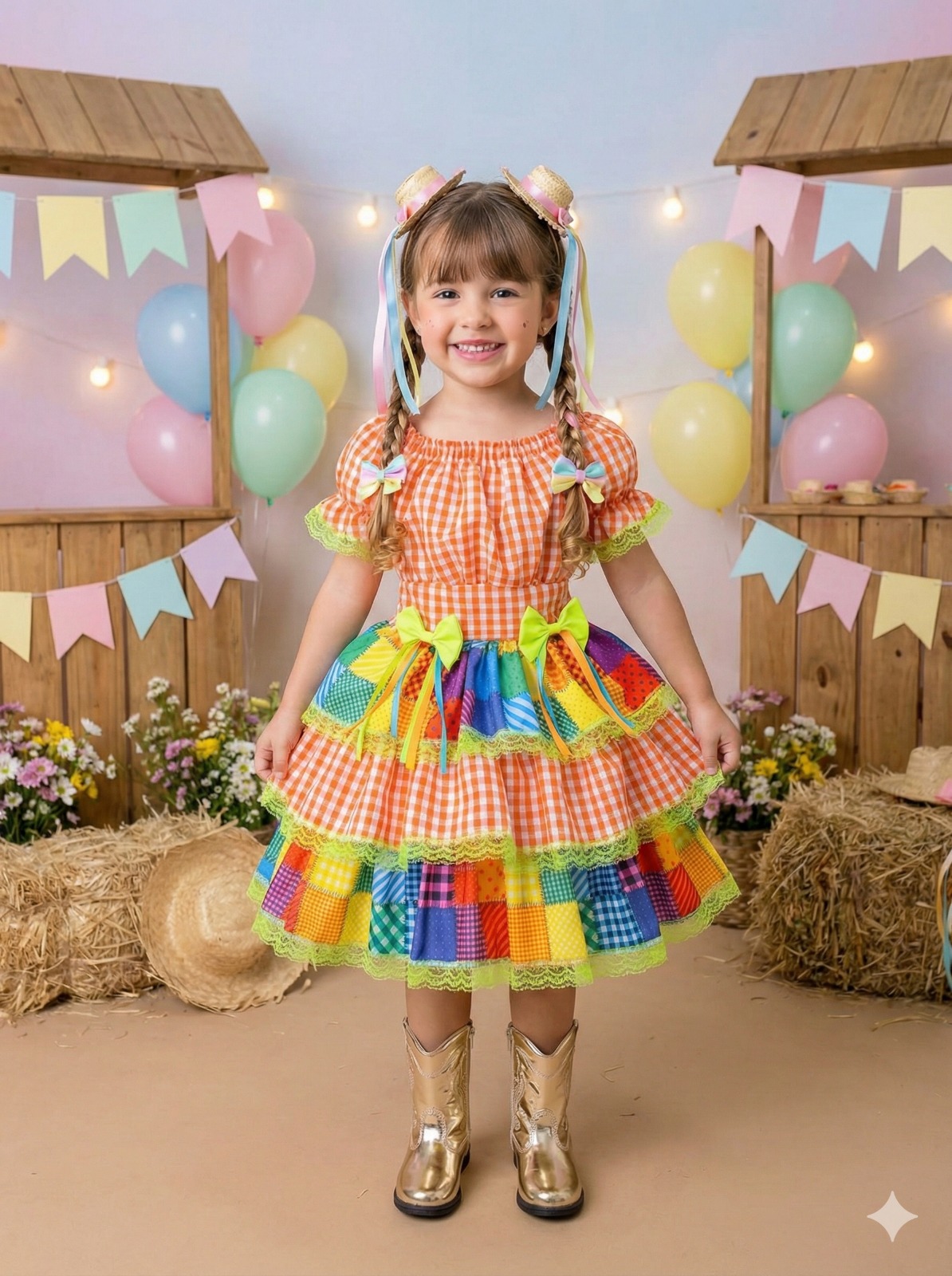 Vestido Junino Banana Club Luxo Quermesse do Sertão Laranja (VESTJNUBNCLLXQRMSDST)