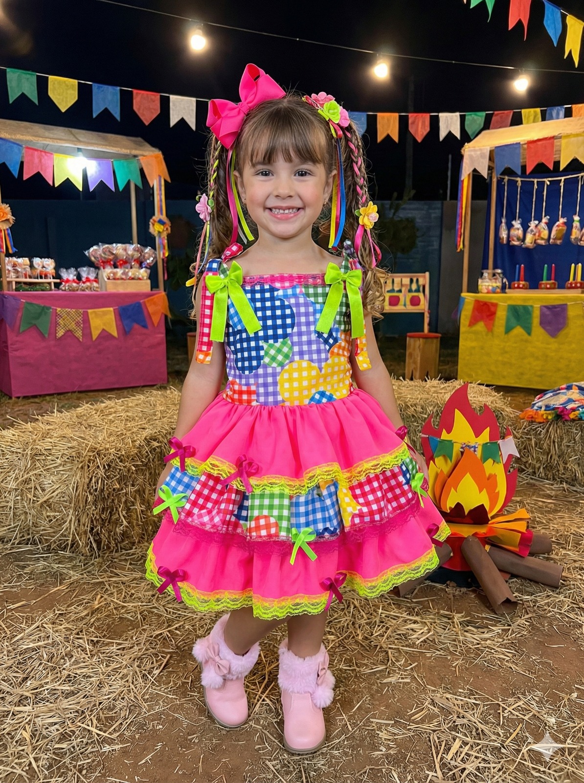 Vestido Junino Banana Club Luxo Encanto da Roça Rosa Neon (VESTJNUBNCLBLXENTDRC)