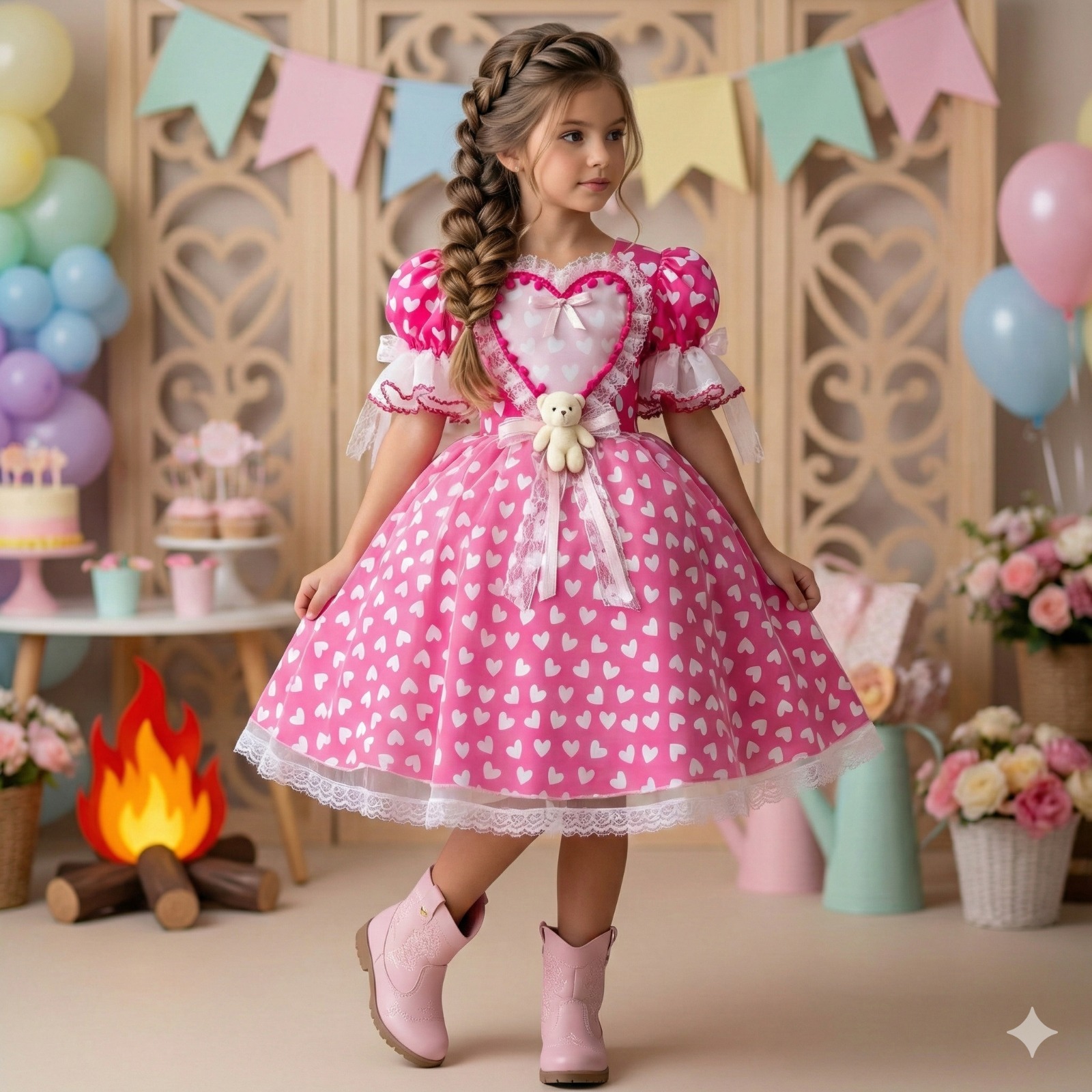 Vestido Marie Junino Luxo Ursinho do Sertão Pink (VESTMRLURSR)