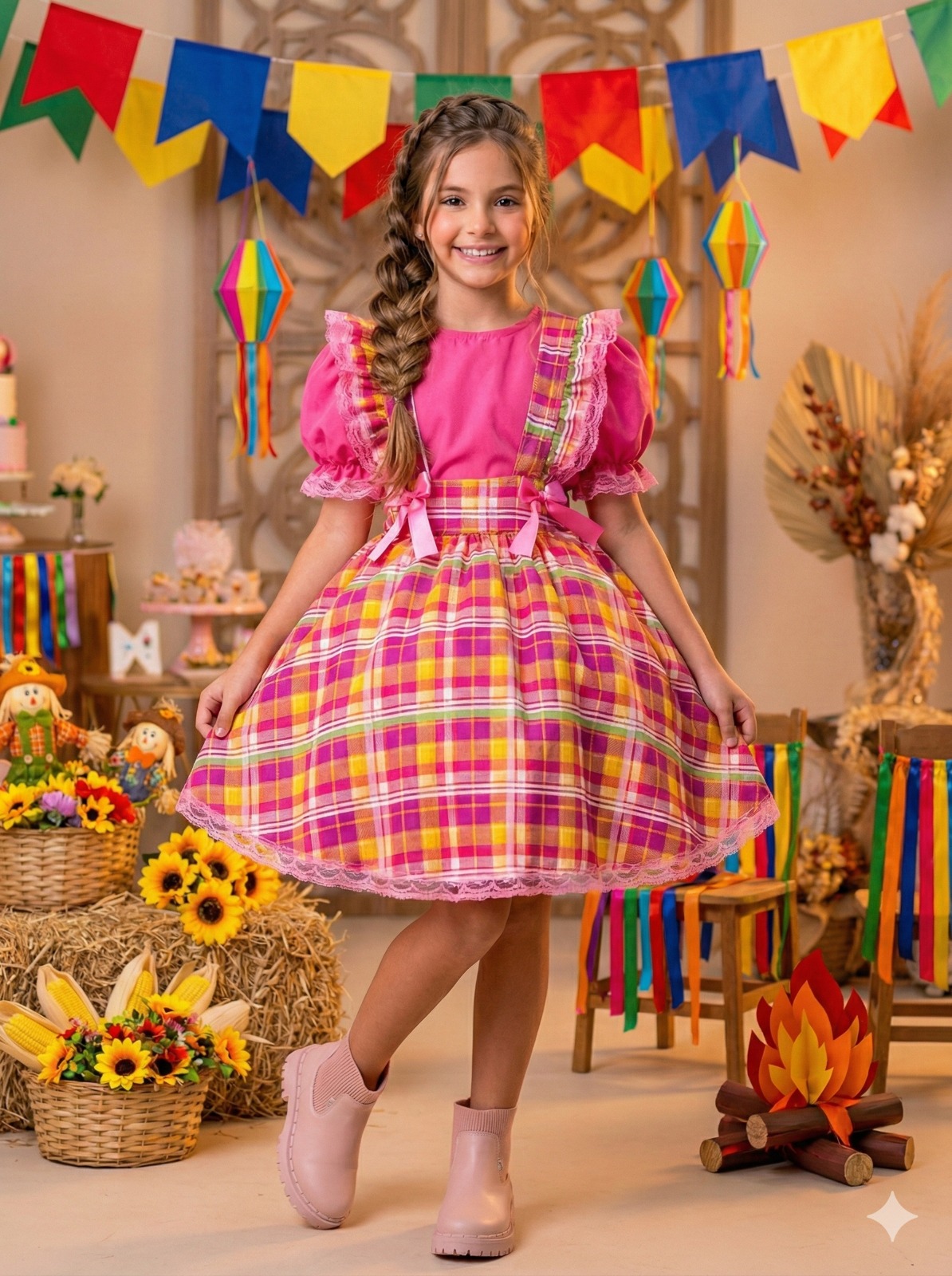 Vestido Junino Salopete Banana Club Luxo Arráia da Fofura (VESTJNUSLPBNACLBARADFFR)