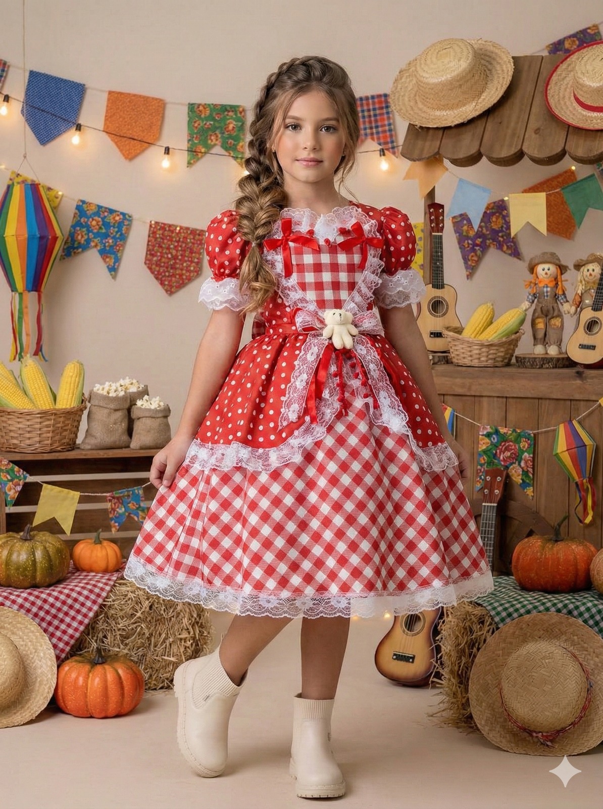 Vestido Marie Junino Luxo Ursinho do Sertão Vermelho (VESTJUNLXURSDSTOVRM)