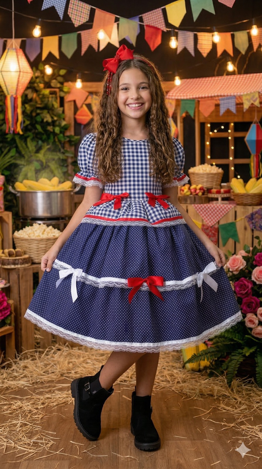 Vestido Junino Mimadine Luxo Stefanny Azul Marinho (VESTJNUMIMDNLXSSTFNHAZMR)